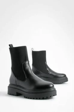 Chunky Boots|All Boots*boohoo Chunky Sole Knitted Chelsea Boots black