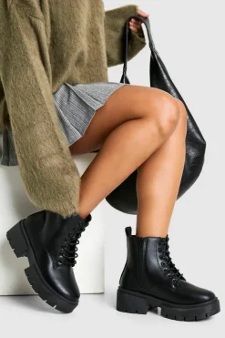 Chunky Boots|Biker Boots*boohoo Chunky Sole Lace Up Hiker Boots black