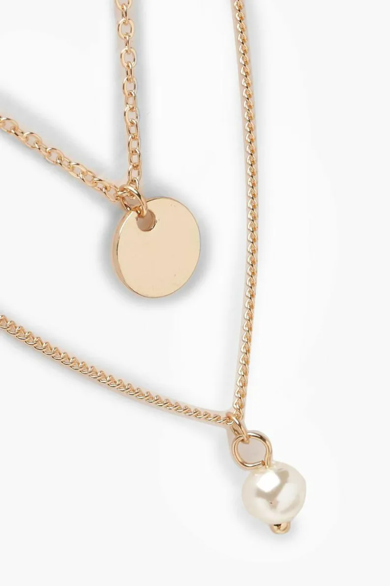 Necklaces*boohoo Circle & Pearl Simple Layered Necklace gold