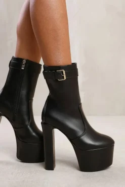 Heeled Boots|Ankle Boots*Where's That From Clara' Platform Heeled Ankle Boot With Buckle Detail And Side Zip Black