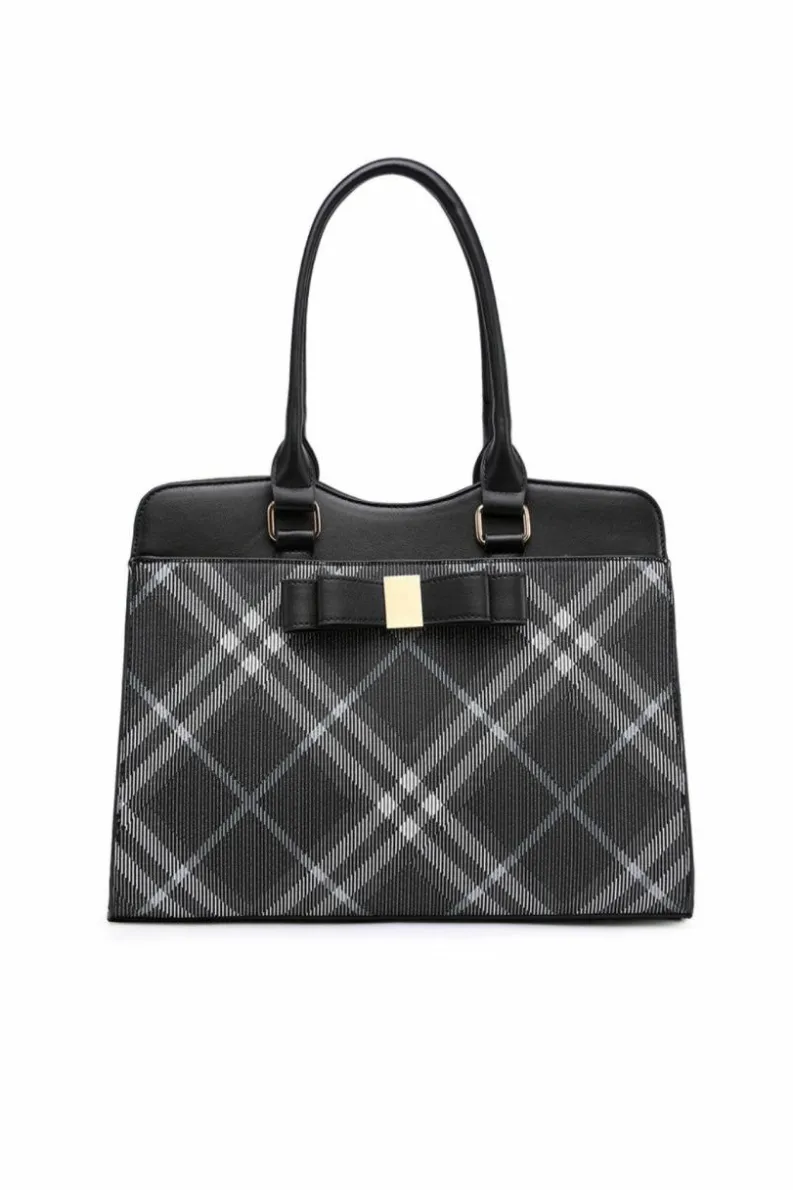 Tote Bags*Kitise Classic Plaid Pattern Top-Handle Tote Shoulder Bag WIth Bow Detail Black