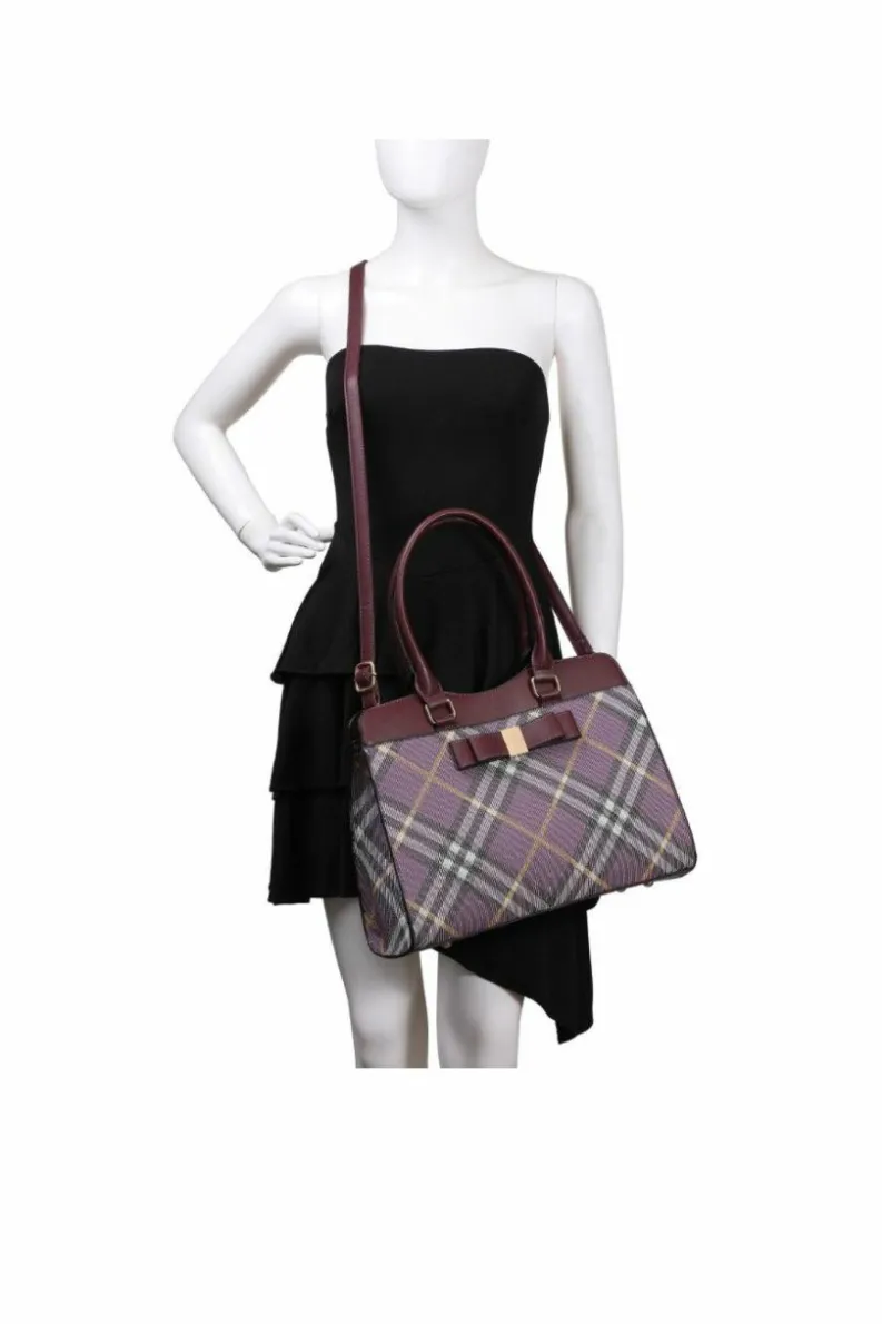 Tote Bags*Kitise Classic Plaid Pattern Top-Handle Tote Shoulder Bag WIth Bow Detail Black