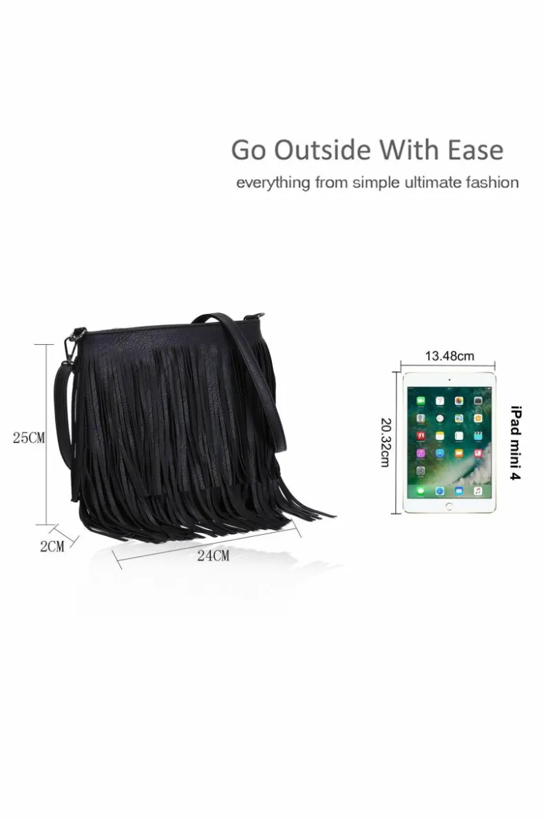 Shoulder Bags|Handbags*Kitise Classic PU Leather Fringe Detail Boho Style Crossbody Handbag Black