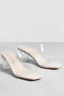 Heels*boohoo Clear Double Strap Low Block Mule nude