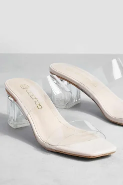 Heels*boohoo Clear Double Strap Low Block Mule nude