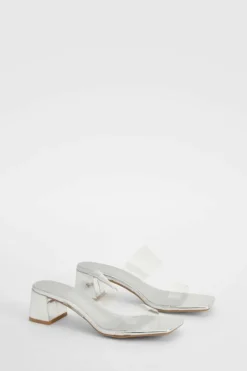 Heels*boohoo Clear Strap Low Block Heeled Mules silver