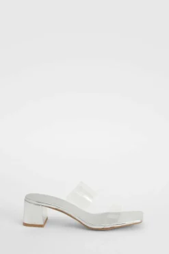 Heels*boohoo Clear Strap Low Block Heeled Mules silver