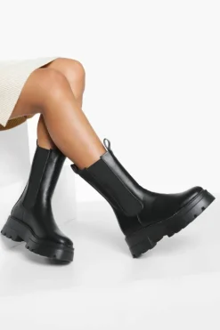 Calf High Boots|All Boots*boohoo Cleated Sole Calf High Chelsea Boots black