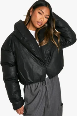 Up To 80% Off Winter Warmers|Faux Leather Jackets*boohoo Coated Short Puffer Jacket black