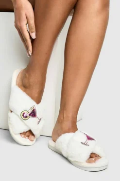 Slippers|Slippers*boohoo Cocktail Applique Fluffy Slippers white