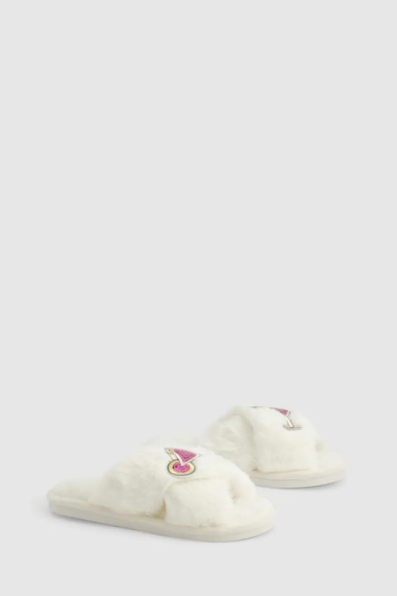 Slippers|Slippers*boohoo Cocktail Applique Fluffy Slippers white