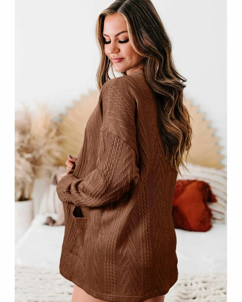 Cardigans*Azura Exchange Coffee Solid Textured Open Front Cardigan with Pocket Multi