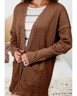 Cardigans*Azura Exchange Coffee Solid Textured Open Front Cardigan with Pocket Multi