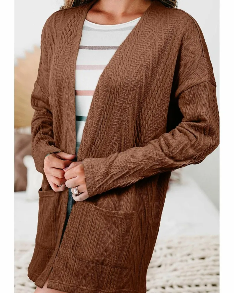 Cardigans*Azura Exchange Coffee Solid Textured Open Front Cardigan with Pocket Multi