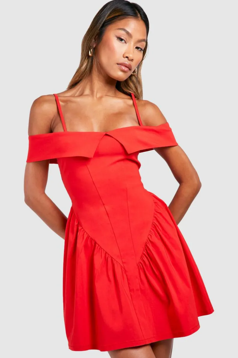 Skater Dresses*boohoo Cold Shoulder Milkmaid Mini Dress red