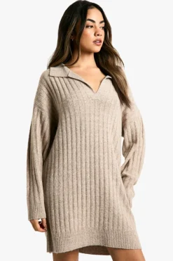 Jumper Dresses|Jumper Dresses*boohoo Collar Detail Cosy Knitted Jumper Dress camel