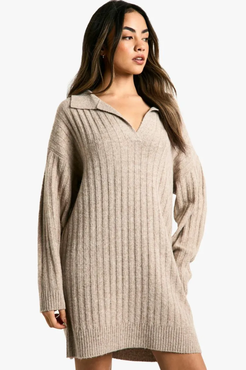 Jumper Dresses|Jumper Dresses*boohoo Collar Detail Cosy Knitted Jumper Dress camel