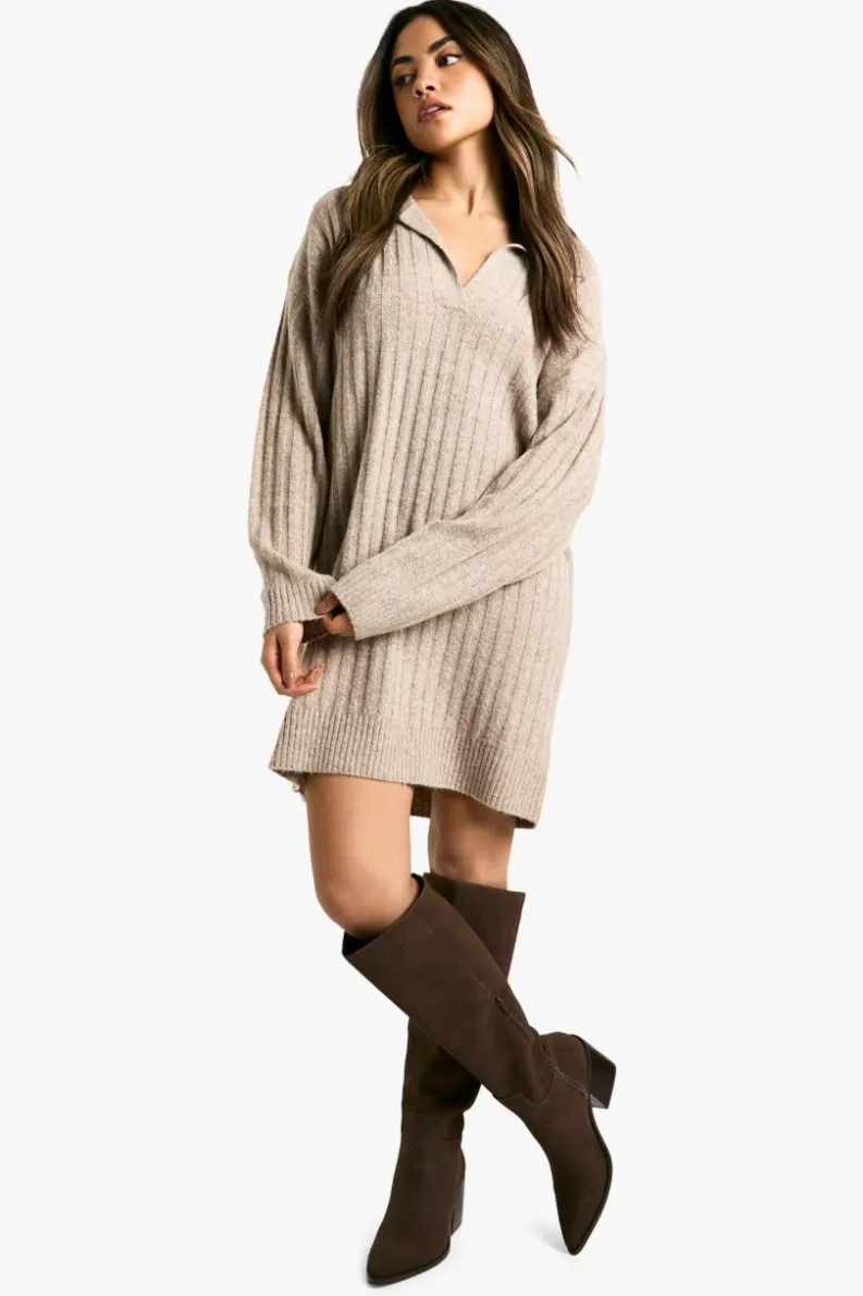 Jumper Dresses|Jumper Dresses*boohoo Collar Detail Cosy Knitted Jumper Dress camel