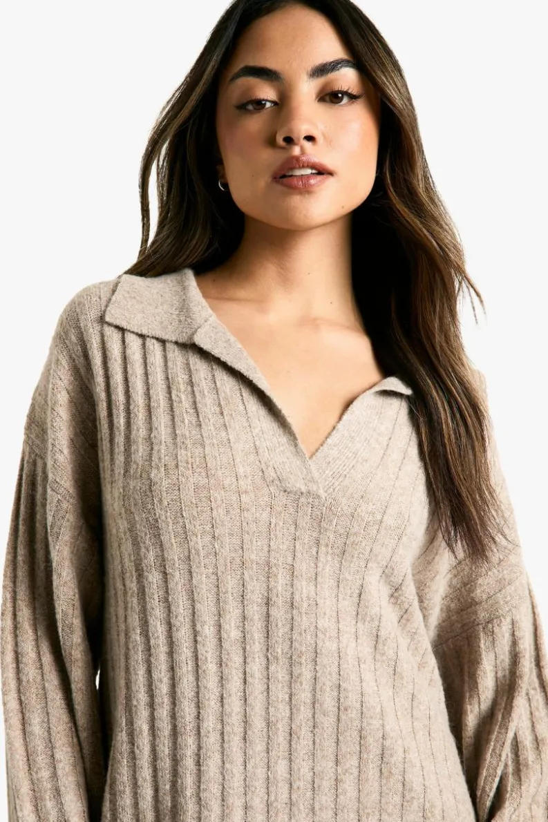 Jumper Dresses|Jumper Dresses*boohoo Collar Detail Cosy Knitted Jumper Dress camel