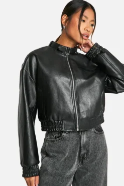 Up To 80% Off Winter Warmers|Bomber Jackets*boohoo Collar Detail Faux Leather Bomber Jacket black