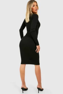 Midi Dresses|Boohoo Basics*boohoo Collared Long Sleeve Midi Dress black