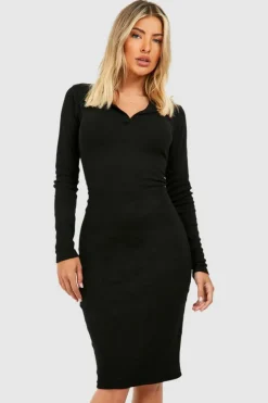Midi Dresses|Boohoo Basics*boohoo Collared Long Sleeve Midi Dress black