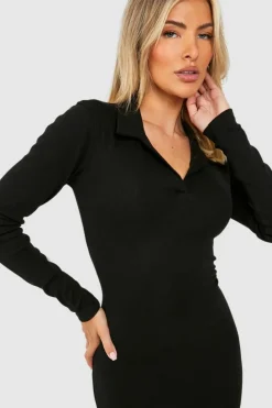 Midi Dresses|Boohoo Basics*boohoo Collared Long Sleeve Midi Dress black