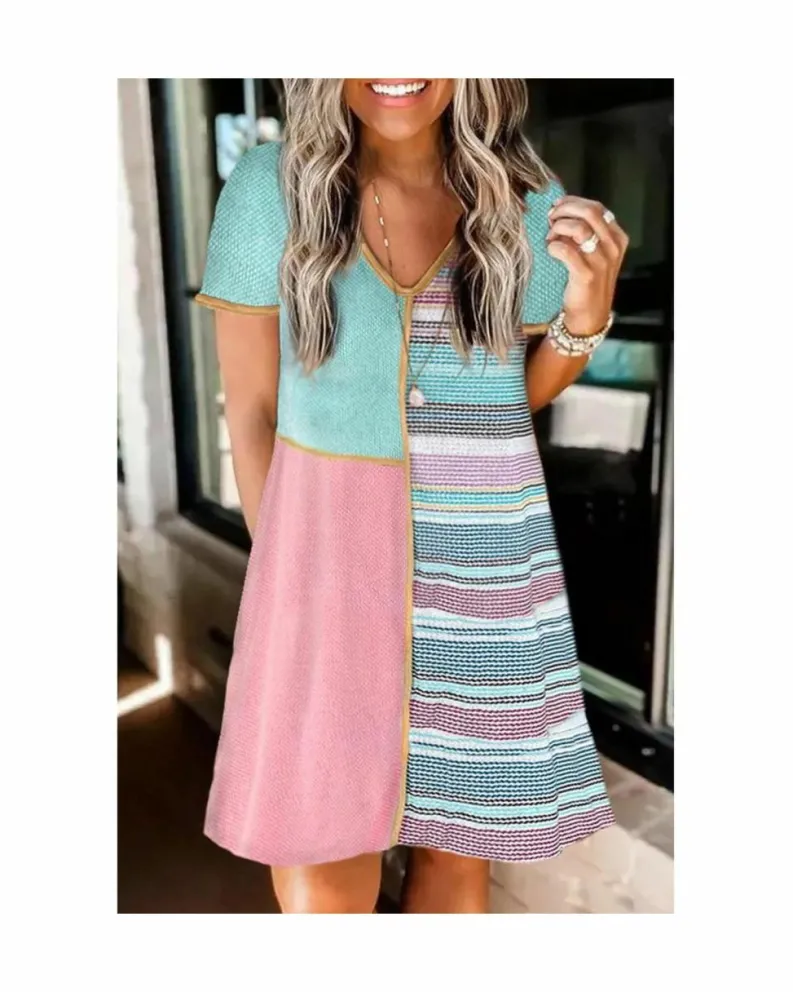 A Line Dresses*Azura Exchange Color Block Stripe Patchwork A-Line Dress Multi