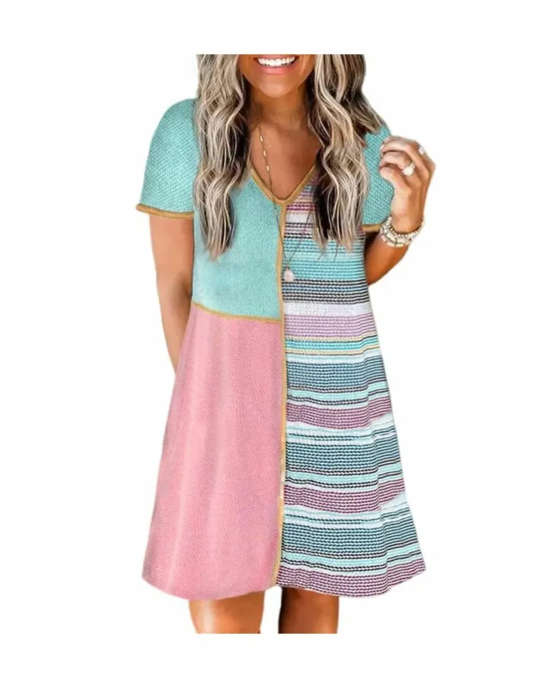 A Line Dresses*Azura Exchange Color Block Stripe Patchwork A-Line Dress Multi