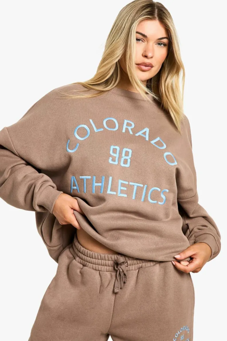 Sweatshirts|Hoodies & Sweatshirts*boohoo Colorado Athletics Embroidered Crew Neck Oversized Sweatshirt taupe