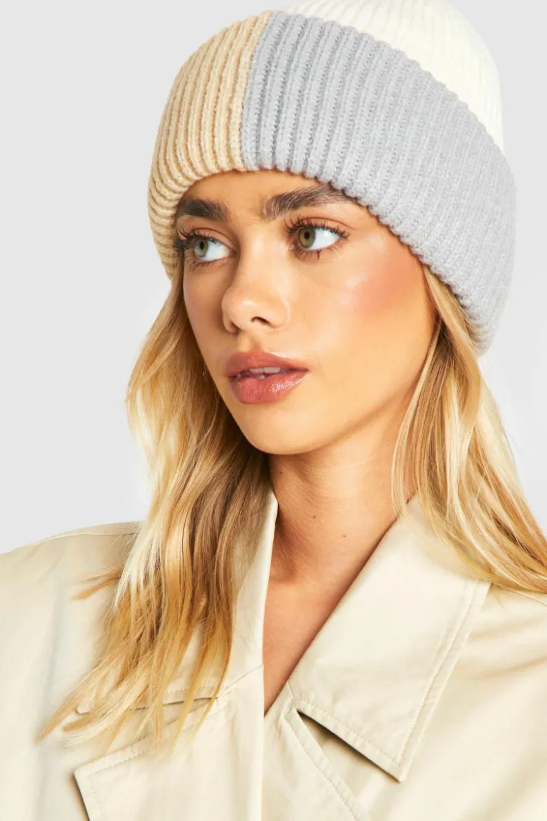 Earmuffs|Hats & Gloves*boohoo Colour Block Fluffy Knitted Beanie ivory
