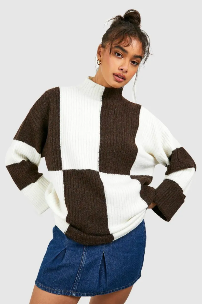 Oversized Jumpers|Jumpers*boohoo Colour Block High Neck Jumper chocolate
