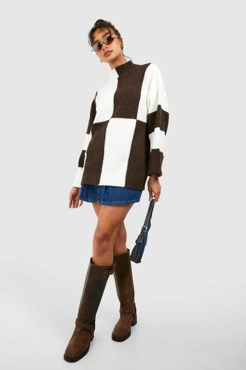 Oversized Jumpers|Jumpers*boohoo Colour Block High Neck Jumper chocolate