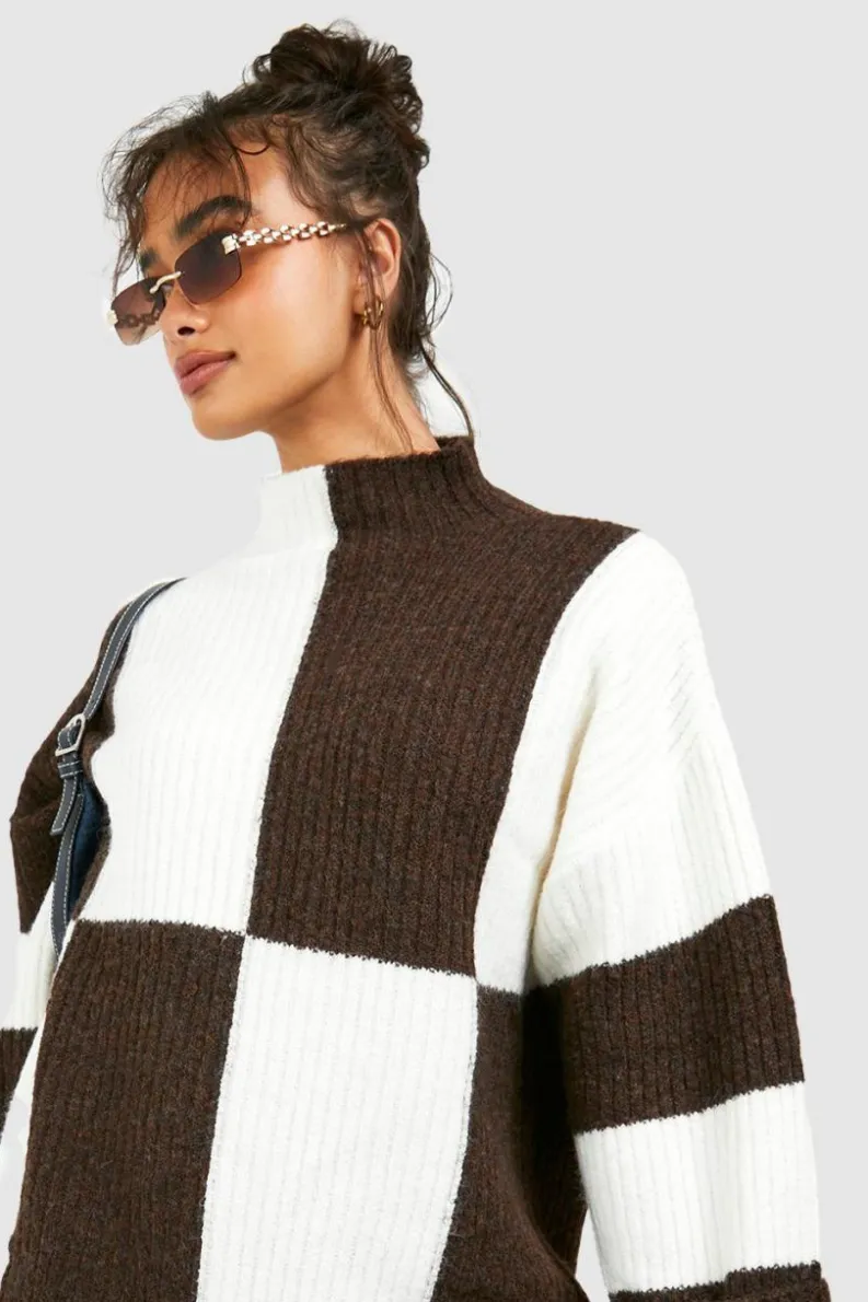 Oversized Jumpers|Jumpers*boohoo Colour Block High Neck Jumper chocolate