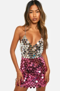 Cami Dresses|Mini Dresses*boohoo Colourblock Heart Disc Sequin Chain Dress pink