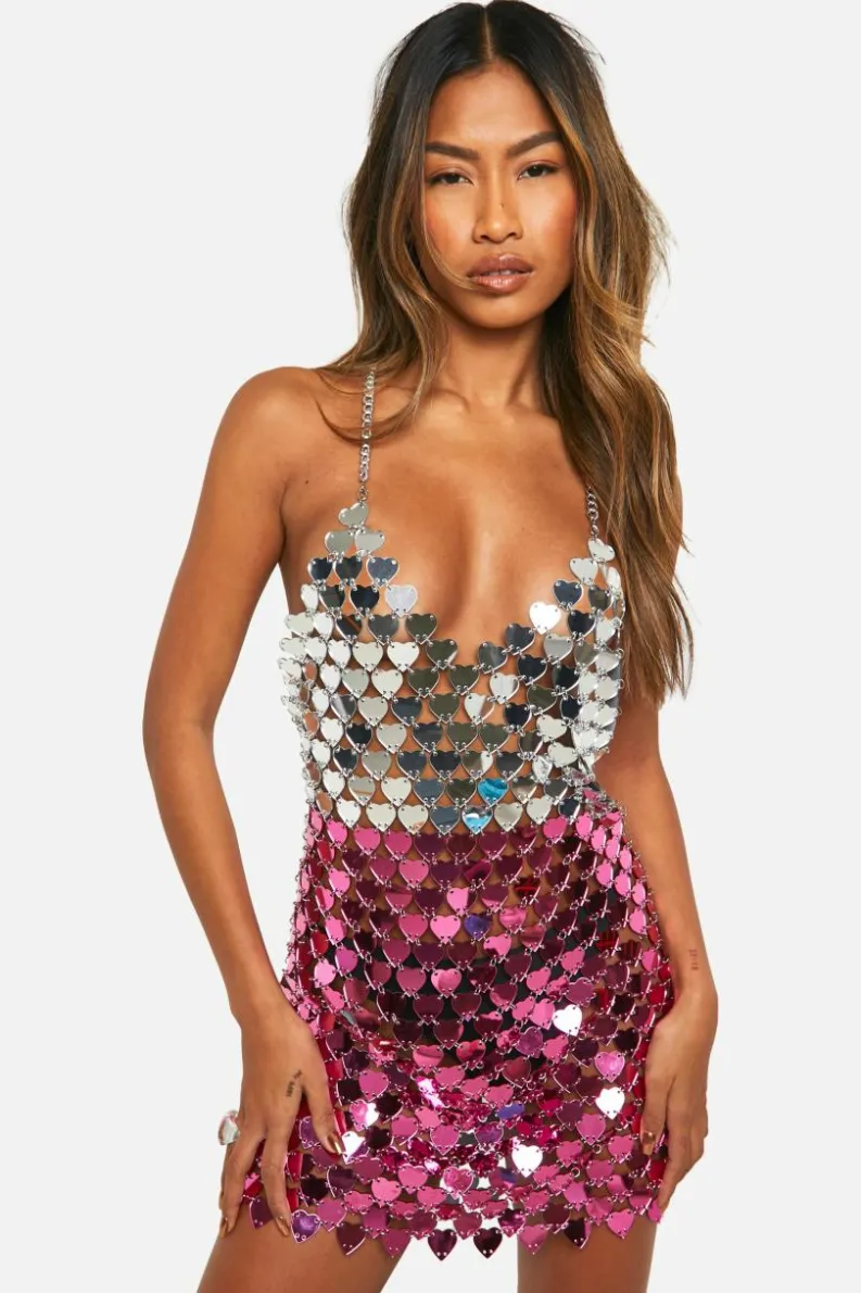 Cami Dresses|Mini Dresses*boohoo Colourblock Heart Disc Sequin Chain Dress pink