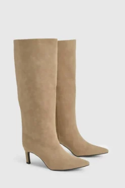Over The Knee Boots|Knee High Boots*boohoo Column Nubuck Low Heel Knee High Boots taupe