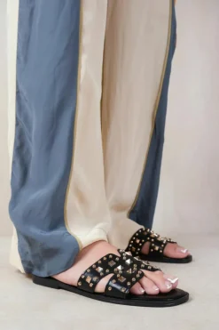 Sandals*Where's That From Commet' Cut Out Strap Flat Sandals With Diamante Detail Black