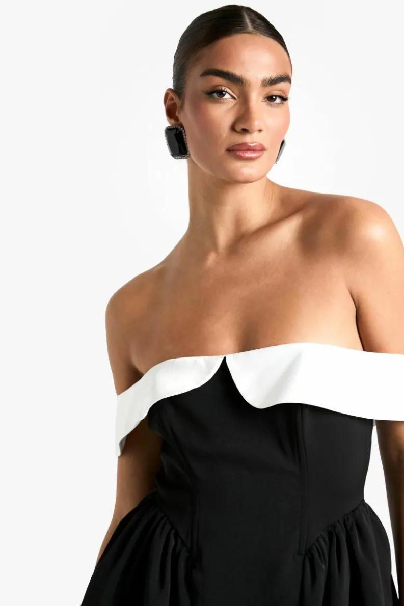 Skater Dresses*boohoo Contrast Bardot Structured Skater Dress black