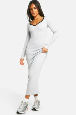 Bodycon Dresses*boohoo Contrast Binding Notch Detail Maxi Dress grey marl