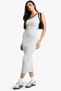 Bodycon Dresses*boohoo Contrast Binding One Shoulder Midaxi Dress grey marl
