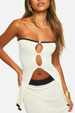 Knitted Co-Ords|Bottoms*boohoo Contrast Binding Towelling Bandeau Top And Skirt Knitted Set ivory