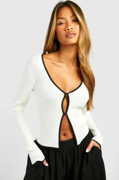 Cardigans*boohoo Contrast Binding Trim Fine Gauge Rib Knit Cardigan white
