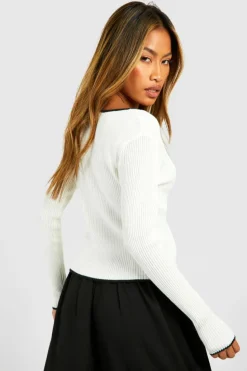 Cardigans*boohoo Contrast Binding Trim Fine Gauge Rib Knit Cardigan white