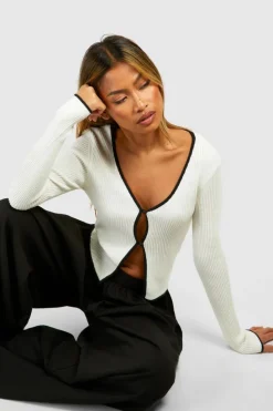 Cardigans*boohoo Contrast Binding Trim Fine Gauge Rib Knit Cardigan white