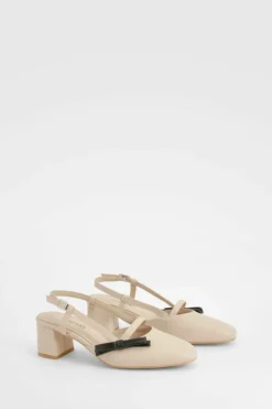 Ballet Flats|Flats*boohoo Contrast Bow Detail Low Block Heel Slingback Ballets nude