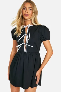 Smock Dresses*boohoo Contrast Bow Front Mini Smock Dress black