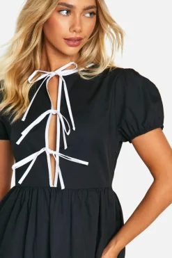 Smock Dresses*boohoo Contrast Bow Front Mini Smock Dress black