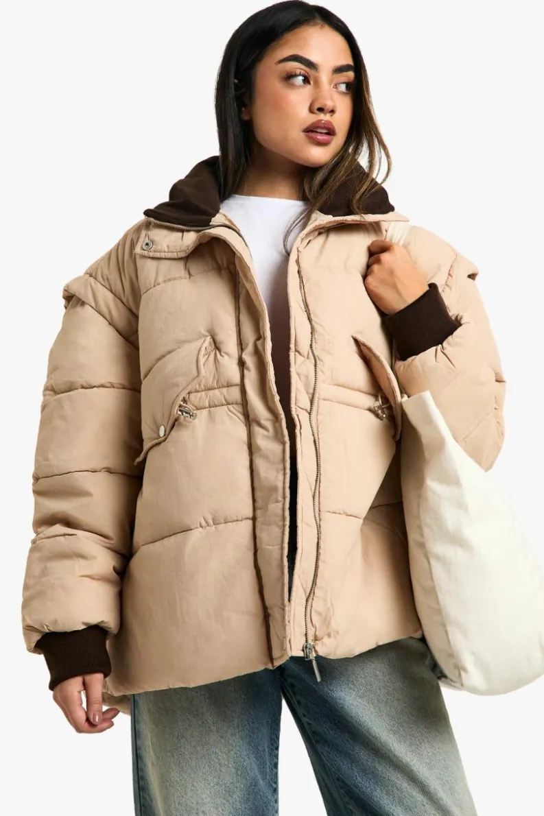 Up To 80% Off Winter Warmers|Puffer Jackets*boohoo Contrast Collar Oversized Puffer Jacket stone