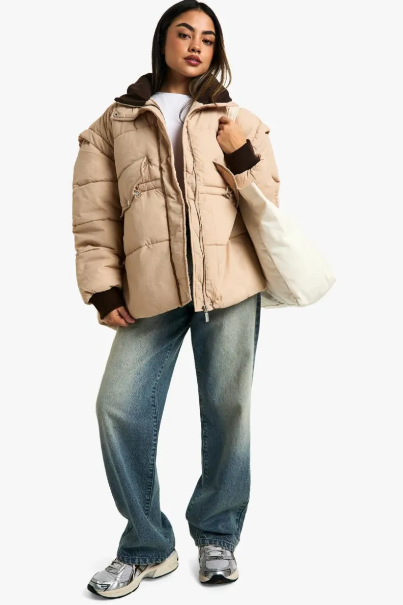 Up To 80% Off Winter Warmers|Puffer Jackets*boohoo Contrast Collar Oversized Puffer Jacket stone